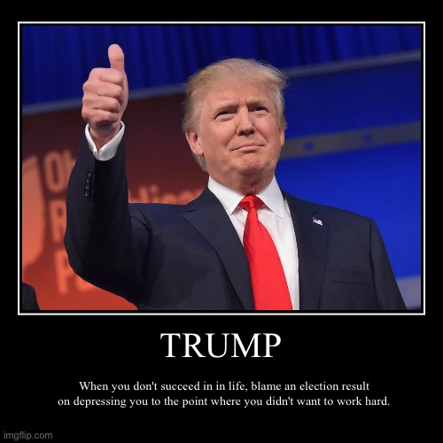 or get therapy | TRUMP | When you don't succeed in in life, blame an election result on depressing you to the point where you didn't want to work hard. | image tagged in funny,demotivationals,donald trump,election,trump 2024,therapy | made w/ Imgflip demotivational maker