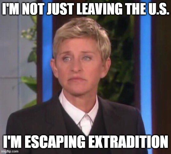 Disappointed Ellen | I'M NOT JUST LEAVING THE U.S. I'M ESCAPING EXTRADITION | image tagged in disappointed ellen | made w/ Imgflip meme maker