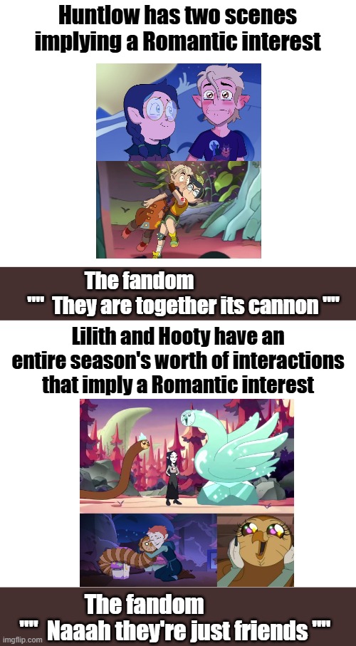 Double standard in the owl house fandom meme. | Huntlow has two scenes implying a Romantic interest; The fandom                       ""  They are together its cannon ""; Lilith and Hooty have an entire season's worth of interactions that imply a Romantic interest; The fandom                ""  Naaah they're just friends "" | image tagged in the owl house memes,toh memes | made w/ Imgflip meme maker