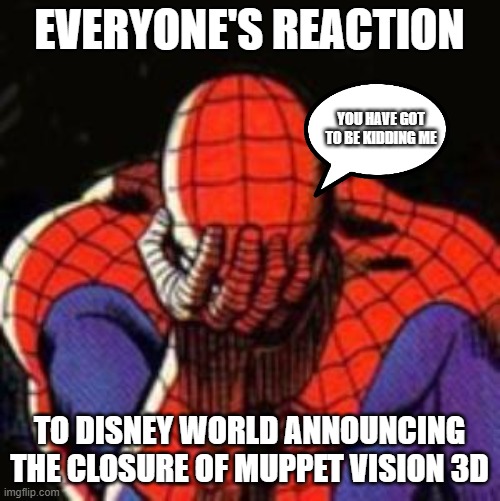 spider man's reaction to muppet vision 3d closing | EVERYONE'S REACTION; YOU HAVE GOT TO BE KIDDING ME; TO DISNEY WORLD ANNOUNCING THE CLOSURE OF MUPPET VISION 3D | image tagged in memes,sad spiderman,spiderman | made w/ Imgflip meme maker