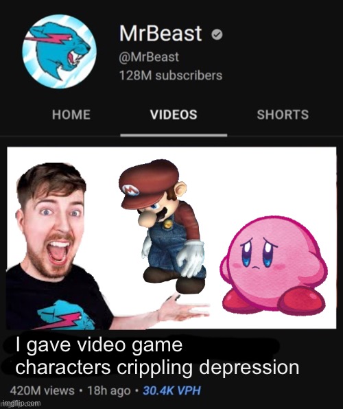 mrbeast | I gave video game characters crippling depression | image tagged in mrbeast thumbnail template,sad mario | made w/ Imgflip meme maker