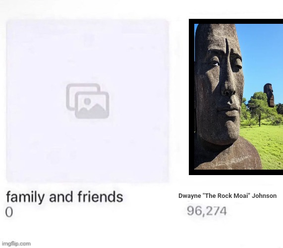 Dwayne "The Rock Moai" Johnson | Dwayne "The Rock Moai" Johnson | image tagged in family and friends vs x,memes,moai,dwayne the rock johnson | made w/ Imgflip meme maker