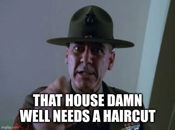 Sergeant Hartmann Meme | THAT HOUSE DAMN WELL NEEDS A HAIRCUT | image tagged in memes,sergeant hartmann | made w/ Imgflip meme maker