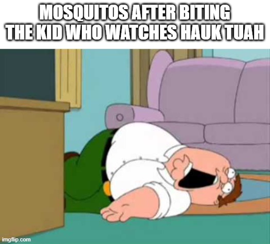 Dead Petor Giffon | MOSQUITOS AFTER BITING THE KID WHO WATCHES HAUK TUAH | image tagged in dead peter griffin | made w/ Imgflip meme maker