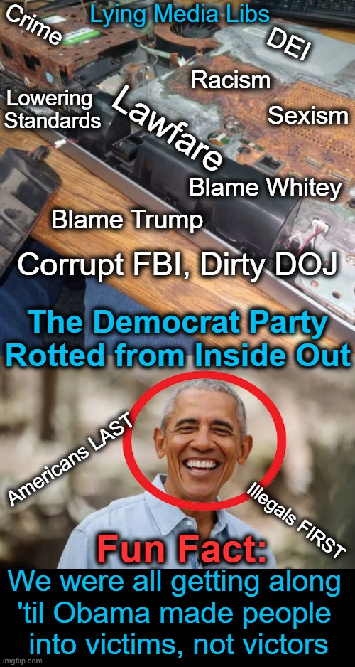 Obama was & is the divisive Democrat puppeteer | Crime; Lying Media Libs; DEI; Racism; Sexism; Lowering 
Standards; Lawfare; Blame Whitey; Blame Trump; Corrupt FBI, Dirty DOJ; The Democrat Party
Rotted from Inside Out; Americans LAST; Illegals FIRST; Fun Fact:; We were all getting along 
'til Obama made people 
into victims, not victors | image tagged in barack obama,guilty,division,america,radicals,democrats | made w/ Imgflip meme maker