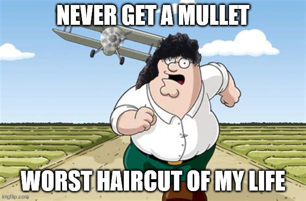 Peter Griffin Mullet Meme | NEVER GET A MULLET; WORST HAIRCUT OF MY LIFE | image tagged in worst mistake of my life,peter griffin,peter griffin running away,meme | made w/ Imgflip meme maker