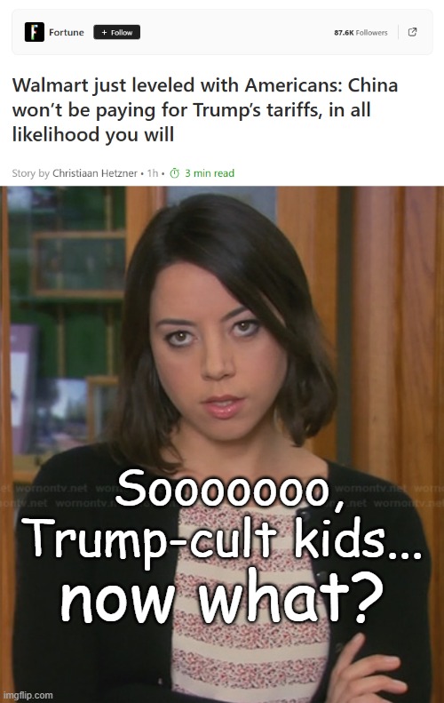 Who's got two middle fingers and told you so? | Sooooooo, Trump-cult kids... now what? | image tagged in april ludgate - parks and recreation | made w/ Imgflip meme maker