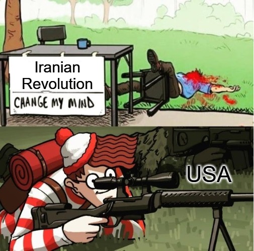 WALDO SHOOTS THE CHANGE MY MIND GUY | Iranian Revolution; USA | image tagged in waldo shoots the change my mind guy,slavic,iran | made w/ Imgflip meme maker