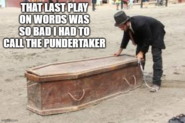 memes by Brad - Bad puns are sent to the Pundertaker | THAT LAST PLAY ON WORDS WAS SO BAD I HAD TO CALL THE PUNDERTAKER | image tagged in funny,fun,bad puns,humor,play on words,puns | made w/ Imgflip meme maker