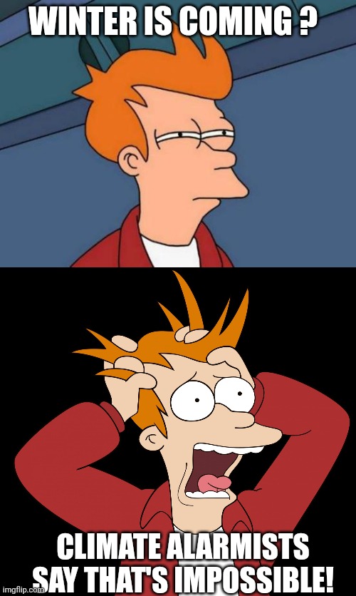 CLIMATE ALARMISTS SAY THAT'S IMPOSSIBLE! WINTER IS COMING ? | image tagged in memes,futurama fry,futurama fry screaming | made w/ Imgflip meme maker