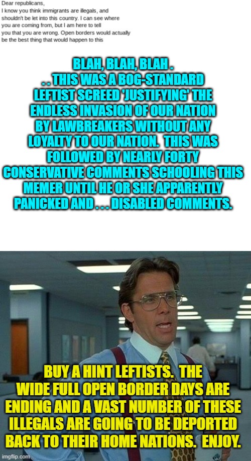 The dumber the Political Left gets, the smarter regular voters become. | BLAH, BLAH, BLAH . . . THIS WAS A BOG-STANDARD LEFTIST SCREED 'JUSTIFYING' THE ENDLESS INVASION OF OUR NATION BY LAWBREAKERS WITHOUT ANY LOYALTY TO OUR NATION.  THIS WAS FOLLOWED BY NEARLY FORTY CONSERVATIVE COMMENTS SCHOOLING THIS MEMER UNTIL HE OR SHE APPARENTLY PANICKED AND . . . DISABLED COMMENTS. BUY A HINT LEFTISTS.  THE WIDE FULL OPEN BORDER DAYS ARE ENDING AND A VAST NUMBER OF THESE ILLEGALS ARE GOING TO BE DEPORTED BACK TO THEIR HOME NATIONS.  ENJOY. | image tagged in that would be great | made w/ Imgflip meme maker