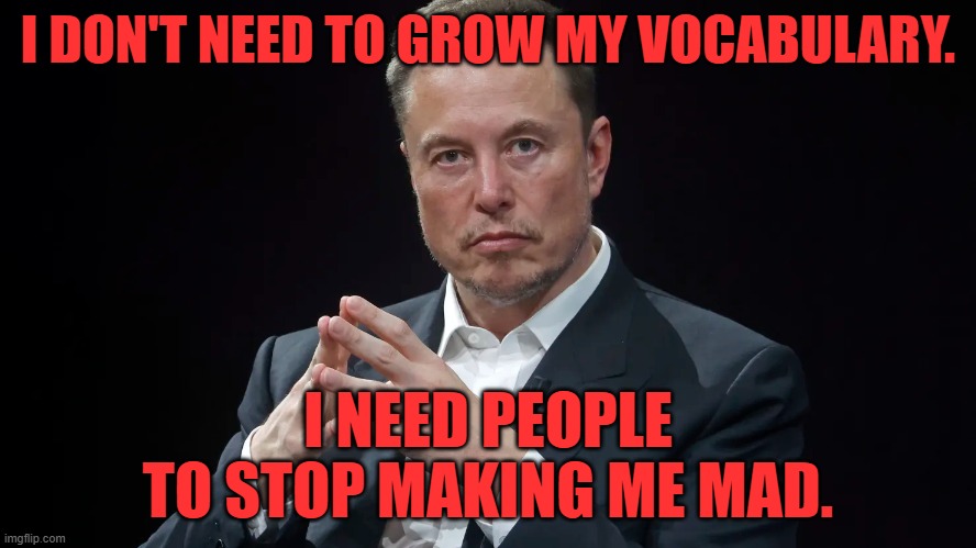 Why Elon Musk Swears | I DON'T NEED TO GROW MY VOCABULARY. I NEED PEOPLE
TO STOP MAKING ME MAD. | image tagged in elon musk,swearing,profanity,anger,visible frustration,cussing | made w/ Imgflip meme maker