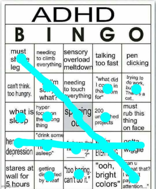 WOOOOOOOOHOOOOOOOOO I got a bingo!! Oh, wait... | image tagged in adhd bingo,bingo,fresh memes,why did i make this | made w/ Imgflip meme maker