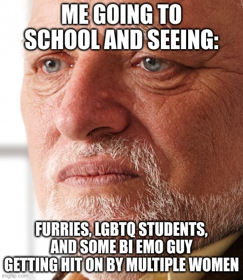 I'm disappointed with my generation... "skibidi" "gyat" "Ohio" "fanum tax" now I see them acting like this | ME GOING TO SCHOOL AND SEEING:; FURRIES, LGBTQ STUDENTS, AND SOME BI EMO GUY GETTING HIT ON BY MULTIPLE WOMEN | image tagged in dissapointment | made w/ Imgflip meme maker