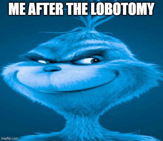 i didnt actually get a lobotomy | ME AFTER THE LOBOTOMY | image tagged in blue grinch | made w/ Imgflip meme maker