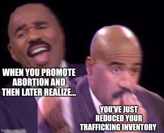 Steve Harvey Laughing Serious | WHEN YOU PROMOTE ABORTION AND THEN LATER REALIZE... YOU'VE JUST REDUCED YOUR TRAFFICKING INVENTORY | image tagged in steve harvey laughing serious | made w/ Imgflip meme maker