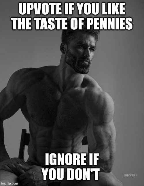 And other various coinage | UPVOTE IF YOU LIKE THE TASTE OF PENNIES; IGNORE IF YOU DON'T | image tagged in giga chad | made w/ Imgflip meme maker