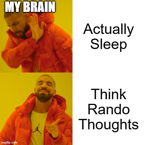 Actually Sleep Think Rando Thoughts MY BRAIN | image tagged in memes,drake hotline bling | made w/ Imgflip meme maker