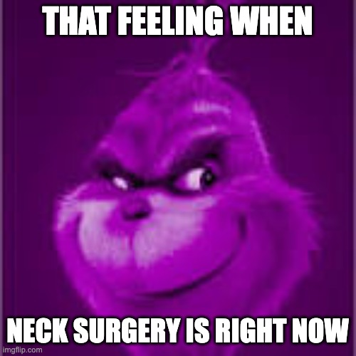 purple grinch | THAT FEELING WHEN NECK SURGERY IS RIGHT NOW | image tagged in purple grinch | made w/ Imgflip meme maker