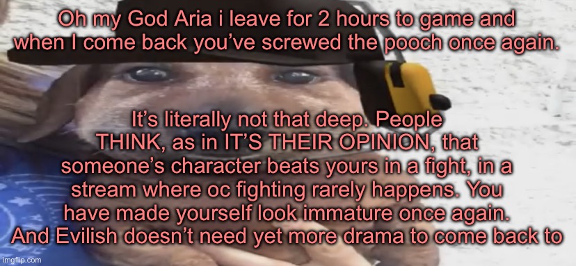 I’m not mad at anyone but please conduct yourselves | Oh my God Aria i leave for 2 hours to game and when I come back you’ve screwed the pooch once again. It’s literally not that deep. People THINK, as in IT’S THEIR OPINION, that someone’s character beats yours in a fight, in a stream where oc fighting rarely happens. You have made yourself look immature once again. And Evilish doesn’t need yet more drama to come back to | image tagged in chucklenuts | made w/ Imgflip meme maker