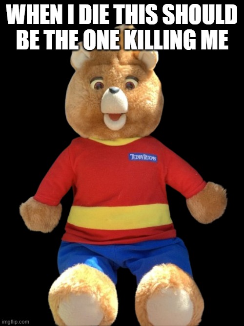 Just throw him at me (hard) | WHEN I DIE THIS SHOULD BE THE ONE KILLING ME | image tagged in 1998 teddy ruxpin | made w/ Imgflip meme maker