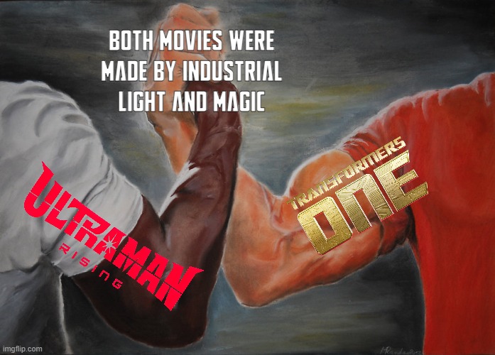 Transformers and Ultraman made by ILM | Both movies were made by industrial light and magic | image tagged in memes,epic handshake,transformers,ultraman | made w/ Imgflip meme maker