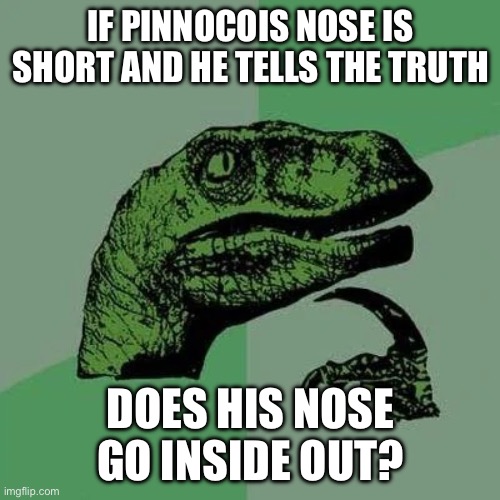 raptor asking questions | IF PINNOCOIS NOSE IS SHORT AND HE TELLS THE TRUTH; DOES HIS NOSE GO INSIDE OUT? | image tagged in raptor asking questions | made w/ Imgflip meme maker