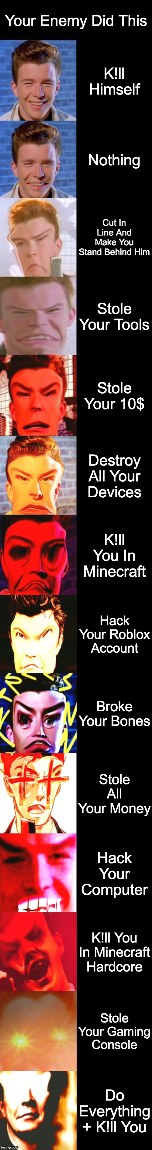 Rick Astley Became Angry : Your Enemy Did This | Your Enemy Did This; K!ll Himself; Nothing; Cut In Line And Make You Stand Behind Him; Stole Your Tools; Stole Your 10$; Destroy All Your Devices; K!ll You In Minecraft; Hack Your Roblox Account; Broke Your Bones; Stole All Your Money; Hack Your Computer; K!ll You In Minecraft Hardcore; Stole Your Gaming Console; Do Everything + K!ll You | image tagged in rick astley becoming angry | made w/ Imgflip meme maker