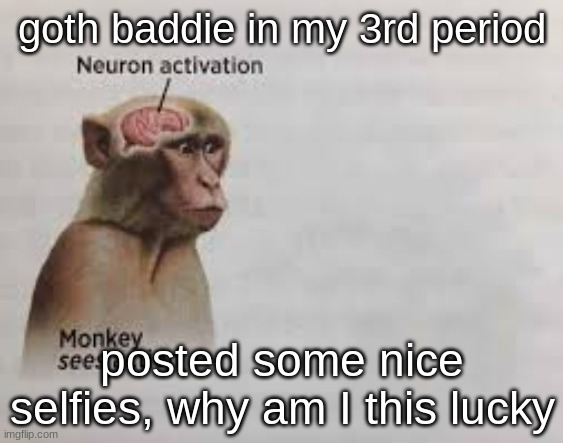 Neuron activation | goth baddie in my 3rd period; posted some nice selfies, why am I this lucky | image tagged in neuron activation | made w/ Imgflip meme maker