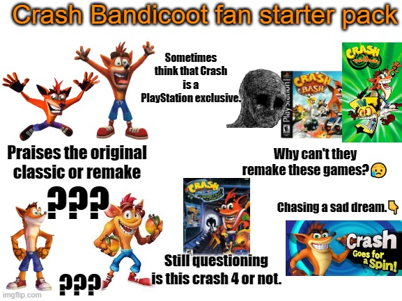 Crash Bandicoot fan starter pack | Crash Bandicoot fan starter pack; Sometimes think that Crash is a PlayStation exclusive. Why can't they remake these games?😥; Praises the original classic or remake; ??? Chasing a sad dream.👇; Still questioning is this crash 4 or not. ??? | image tagged in blank white template,crash bandicoot,starter pack,fandom,activision | made w/ Imgflip meme maker