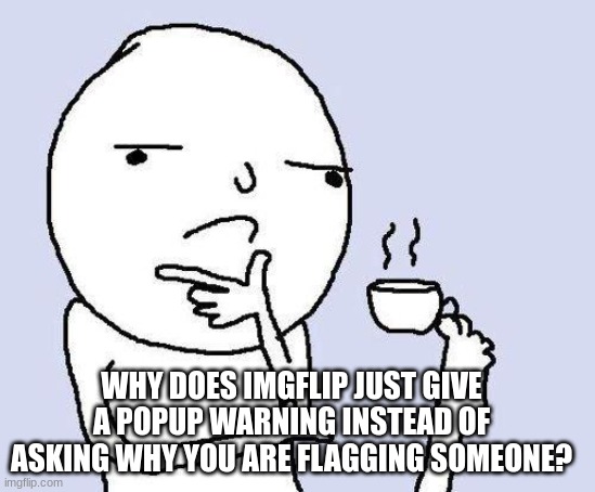 ? | WHY DOES IMGFLIP JUST GIVE A POPUP WARNING INSTEAD OF ASKING WHY YOU ARE FLAGGING SOMEONE? | image tagged in thinking meme | made w/ Imgflip meme maker