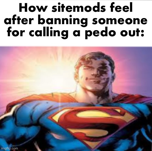 Istg if this gets removed for so called “harassment” | How sitemods feel after banning someone for calling a pedo out: | image tagged in superman starman meme | made w/ Imgflip meme maker