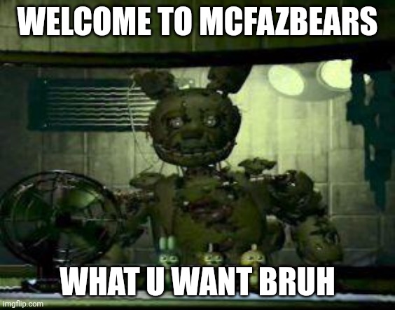 Renamed McDonald's... | WELCOME TO MCFAZBEARS; WHAT U WANT BRUH | image tagged in fnaf springtrap in window | made w/ Imgflip meme maker