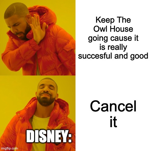 why disney?? | Keep The Owl House going cause it is really succesful and good; Cancel it; DISNEY: | image tagged in memes,drake hotline bling | made w/ Imgflip meme maker