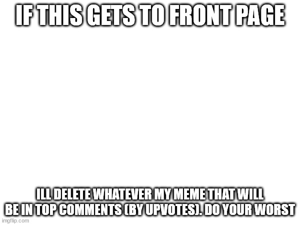 pls dont | IF THIS GETS TO FRONT PAGE; ILL DELETE WHATEVER MY MEME THAT WILL BE IN TOP COMMENTS (BY UPVOTES). DO YOUR WORST | image tagged in tag | made w/ Imgflip meme maker