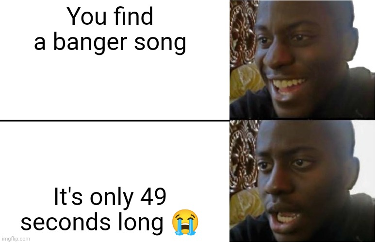 Literally twist | You find a banger song; It's only 49 seconds long 😭 | image tagged in disappointed black guy | made w/ Imgflip meme maker