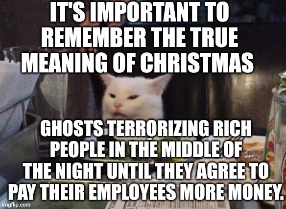 Smudge that darn cat | IT'S IMPORTANT TO REMEMBER THE TRUE MEANING OF CHRISTMAS; GHOSTS TERRORIZING RICH PEOPLE IN THE MIDDLE OF THE NIGHT UNTIL THEY AGREE TO PAY THEIR EMPLOYEES MORE MONEY. | image tagged in smudge that darn cat | made w/ Imgflip meme maker