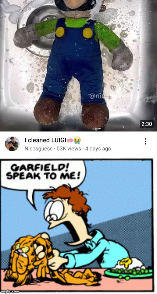more like i creamed luigi | image tagged in garfield speak to me | made w/ Imgflip meme maker
