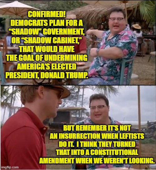 Remember that only the Right participate in insurrections -- that are mysteriously unarmed. | CONFIRMED! DEMOCRATS PLAN FOR A “SHADOW” GOVERNMENT, OR “SHADOW CABINET,” THAT WOULD HAVE THE GOAL OF UNDERMINING AMERICA’S ELECTED PRESIDENT, DONALD TRUMP. BUT REMEMBER IT'S NOT AN INSURRECTION WHEN LEFTISTS DO IT.  I THINK THEY TURNED THAT INTO A CONSTITUTIONAL AMENDMENT WHEN WE WEREN'T LOOKING. | image tagged in yep | made w/ Imgflip meme maker