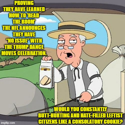 Reality strikes and the Political Left just can't deal. | PROVING THEY HAVE LEARNED HOW TO 'READ THE ROOM' THE NFL ANNOUNCES THEY HAVE “NO ISSUE” WITH THE TRUMP DANCE MOVES CELEBRATION. WOULD YOU CONSTANTLY BUTT-HURTING AND HATE-FILLED LEFTIST CITIZENS LIKE A CONSOLATORY COOKIE? | image tagged in pepperidge farm remembers | made w/ Imgflip meme maker