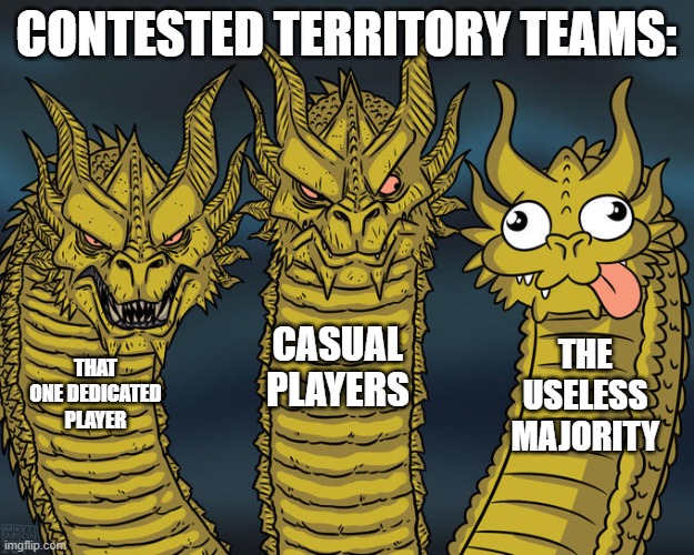 BTD6 CT | CONTESTED TERRITORY TEAMS:; CASUAL PLAYERS; THE USELESS MAJORITY; THAT ONE DEDICATED PLAYER | image tagged in three-headed dragon | made w/ Imgflip meme maker