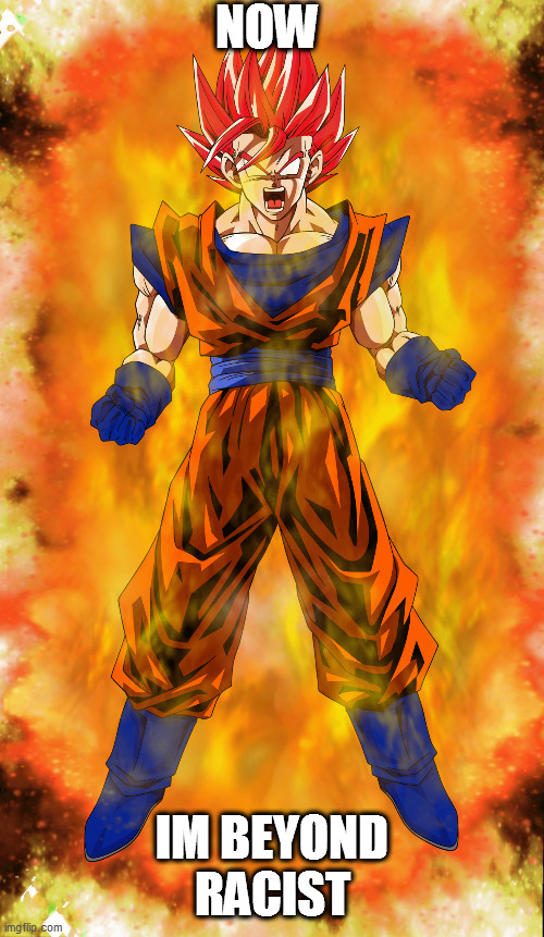 Goku super saiyan god | NOW IM BEYOND RACIST | image tagged in goku super saiyan god | made w/ Imgflip meme maker