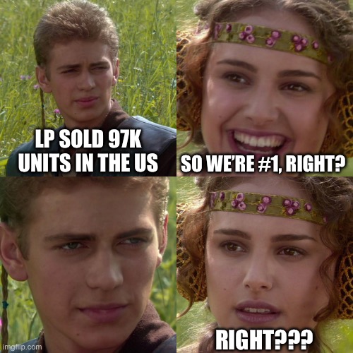 LP | LP SOLD 97K UNITS IN THE US; SO WE’RE #1, RIGHT? RIGHT??? | image tagged in anakin padme 4 panel | made w/ Imgflip meme maker