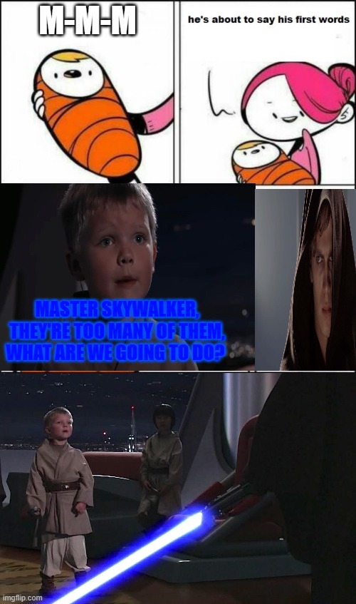 Sorry younglings :C | M-M-M; MASTER SKYWALKER, THEY'RE TOO MANY OF THEM, WHAT ARE WE GOING TO DO? | image tagged in memes,funny,anakin kills younglings,he's about to say his first words,gyatt,skibidi | made w/ Imgflip meme maker