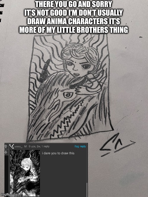 Rate the drawing | THERE YOU GO AND SORRY IT’S NOT GOOD I’M DON’T USUALLY DRAW ANIMA CHARACTERS IT’S MORE OF MY LITTLE BROTHERS THING | made w/ Imgflip meme maker