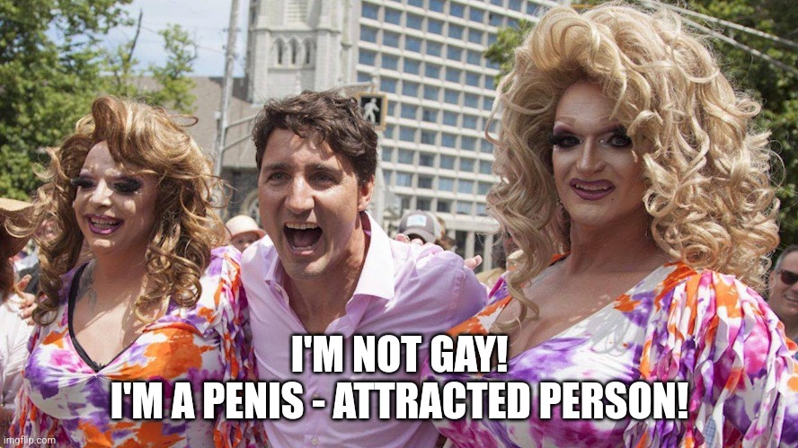 Trudeau with Trannies | I'M NOT GAY!
I'M A PENIS - ATTRACTED PERSON! | image tagged in trudeau with trannies | made w/ Imgflip meme maker