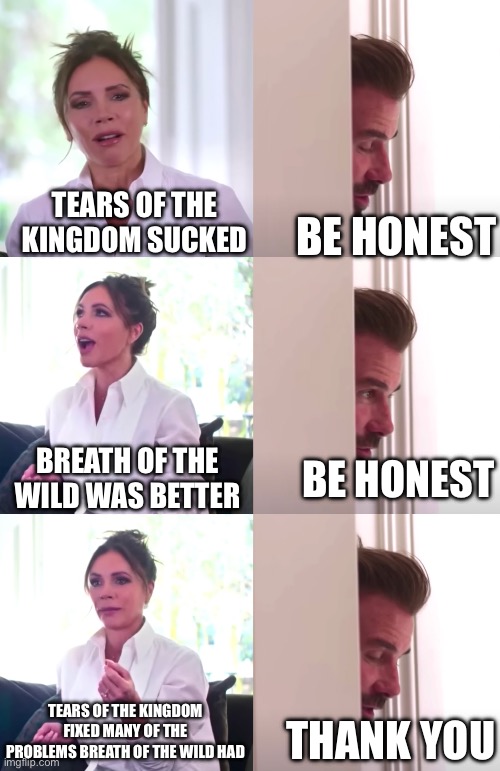 I love Zelda | TEARS OF THE KINGDOM SUCKED; BE HONEST; BREATH OF THE WILD WAS BETTER; BE HONEST; TEARS OF THE KINGDOM FIXED MANY OF THE PROBLEMS BREATH OF THE WILD HAD; THANK YOU | image tagged in victoria david beckham be honest,legend of zelda,gaming | made w/ Imgflip meme maker