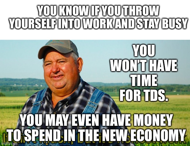 Embrace the Future | YOU KNOW IF YOU THROW YOURSELF INTO WORK AND STAY BUSY; YOU WON’T HAVE TIME FOR TDS. YOU MAY EVEN HAVE MONEY TO SPEND IN THE NEW ECONOMY | image tagged in it ain't much but it's honest work | made w/ Imgflip meme maker