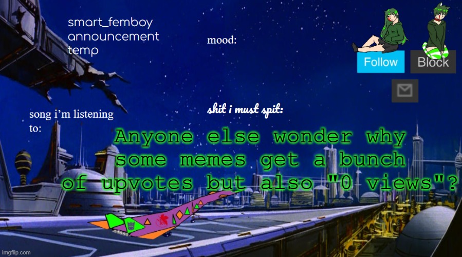 smart_femboy announcement temp v2 | Anyone else wonder why some memes get a bunch of upvotes but also "0 views"? | image tagged in smart_femboy announcement temp v2 | made w/ Imgflip meme maker