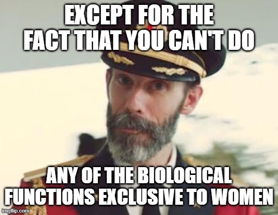 Captain Obvious | EXCEPT FOR THE FACT THAT YOU CAN'T DO ANY OF THE BIOLOGICAL FUNCTIONS EXCLUSIVE TO WOMEN | image tagged in captain obvious | made w/ Imgflip meme maker